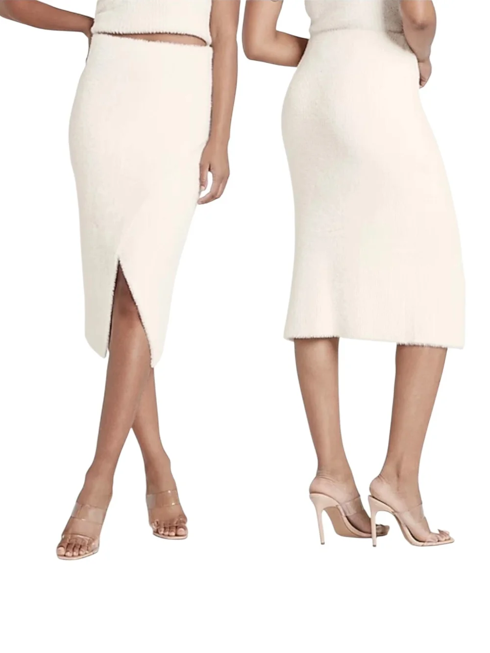 Express Fuzzy Fur Midi Ivory Pencil Skirt Sz L